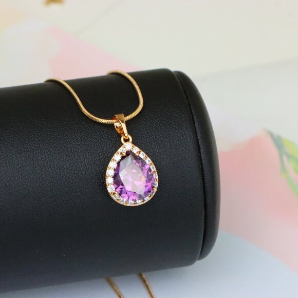 "Teardrop Purple Pendant with Crystal Halo in Elegant Rose Gold Finish, XPPT1615 - Picture 13 of 13
